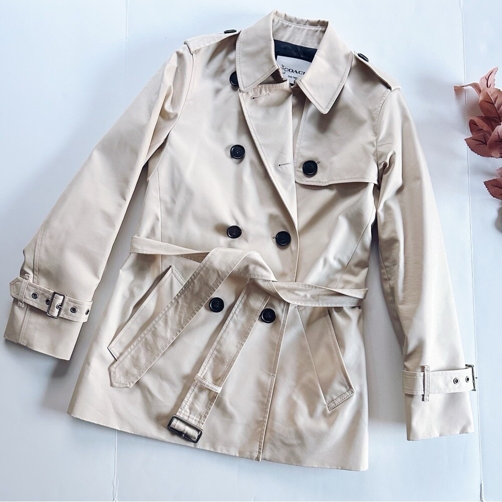 NEW Coach Women's Solid Short Trench Coat Bone Size XS Belted Cream Caramel - Picture 5 of 10